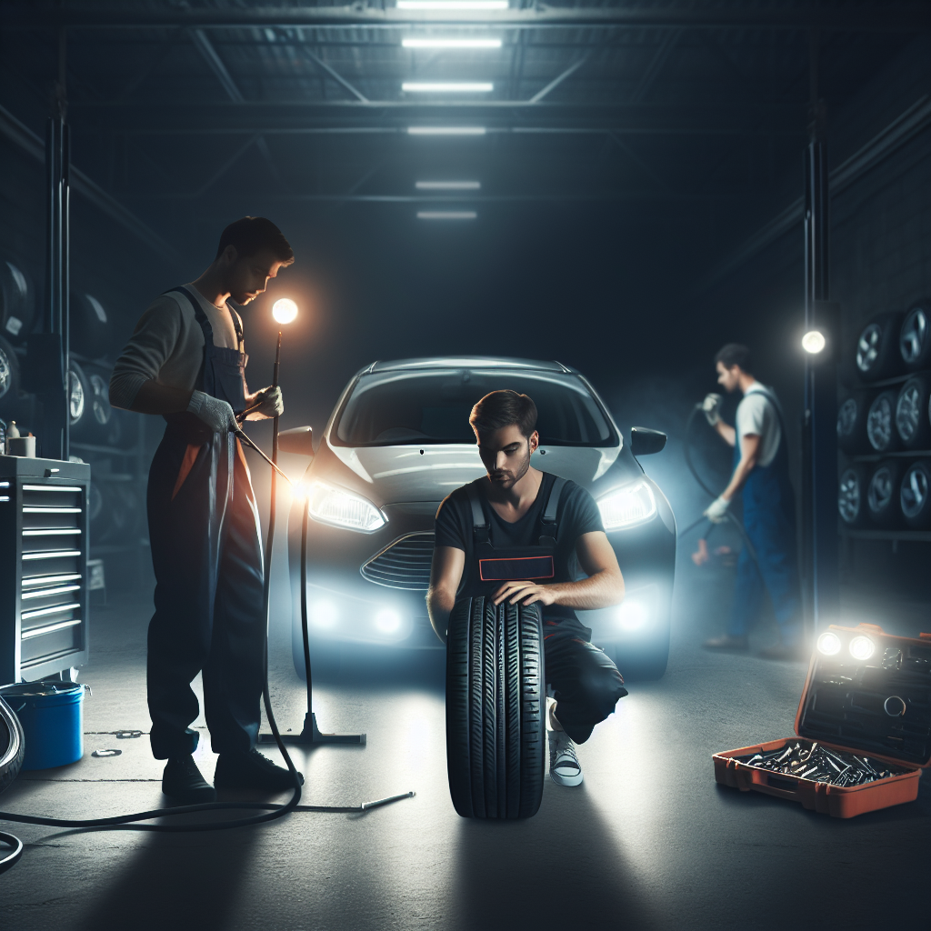 Imagine cu un serviciu auto, unde maestrii ofera servicii de schimbare a anvelopelor la domiciliu, in timpul noptii. Este prezent un automobil pe benzina, un maestru cu uneltele si lumini. Toti oamenii sunt de tip european.