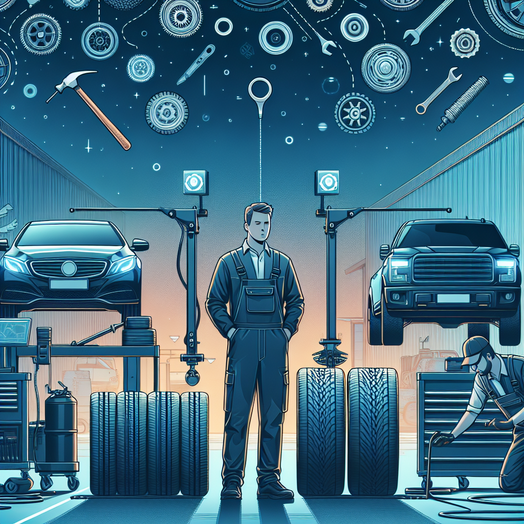 Imaginea ilustreaza un serviciu mobil de schimbare a anvelopelor, cu maestri inconjurati de unelte, anvelope si automobile. Atmosfera este de seara, pentru a evidentia activitatea nocturna. Toti oamenii sunt de tip european.