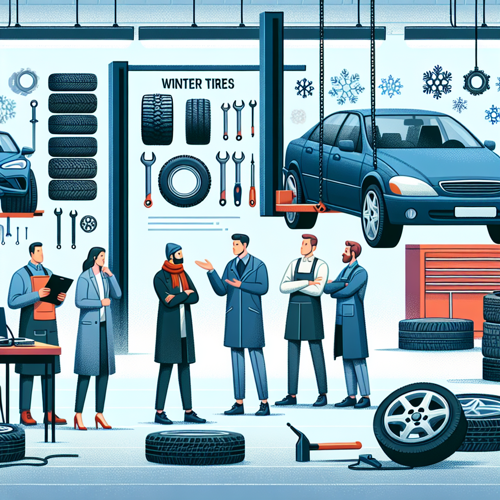 Imagine care demonstreaza procesul de discutare si explicare a miturilor despre anvelopele de iarna intr-un service auto, cu participarea clientilor si specialistilor de tip european.