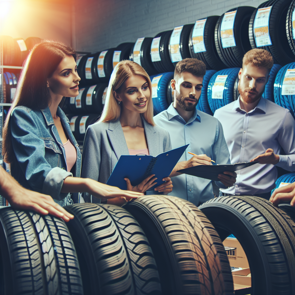 Imagine care arata selectionarea anvelopelor de vara chineze in service auto, cu persoane europene examinandu-le si comunicand intre ele intr-o atmosfera placuta.