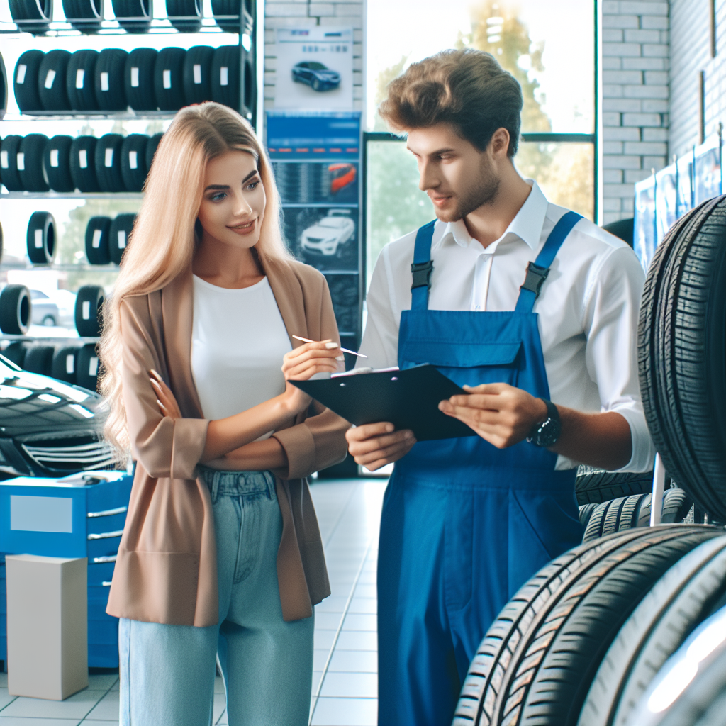 Imagine care prezinta procesul de alegere a anvelopelor de calitate chineze, cu persoane europene consultandu-se cu profesionisti in service auto si analizand diferite modele de anvelope expuse. Atmosfera trebuie sa fie prietenoasa si informativa.