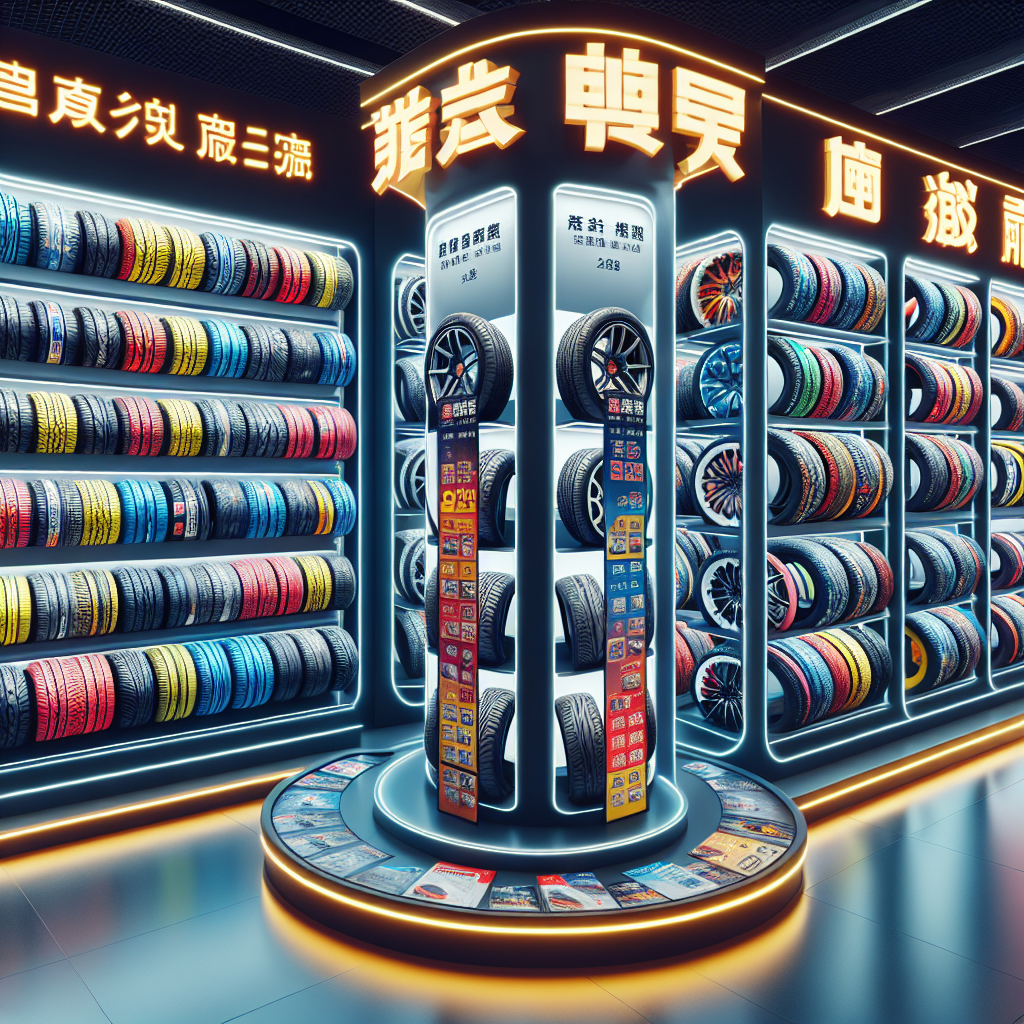 Imagine cu diverse anvelope chinezesti stilizate intr-un magazin, cu vitrine stralucitoare si formate variate, care arata ratinguri si recenzii, ca o fotografie, astfel incat sa nu poata fi diferentiata de o fotografie. Vitrinile sunt umplute cu anvelope care reflecta lumina.