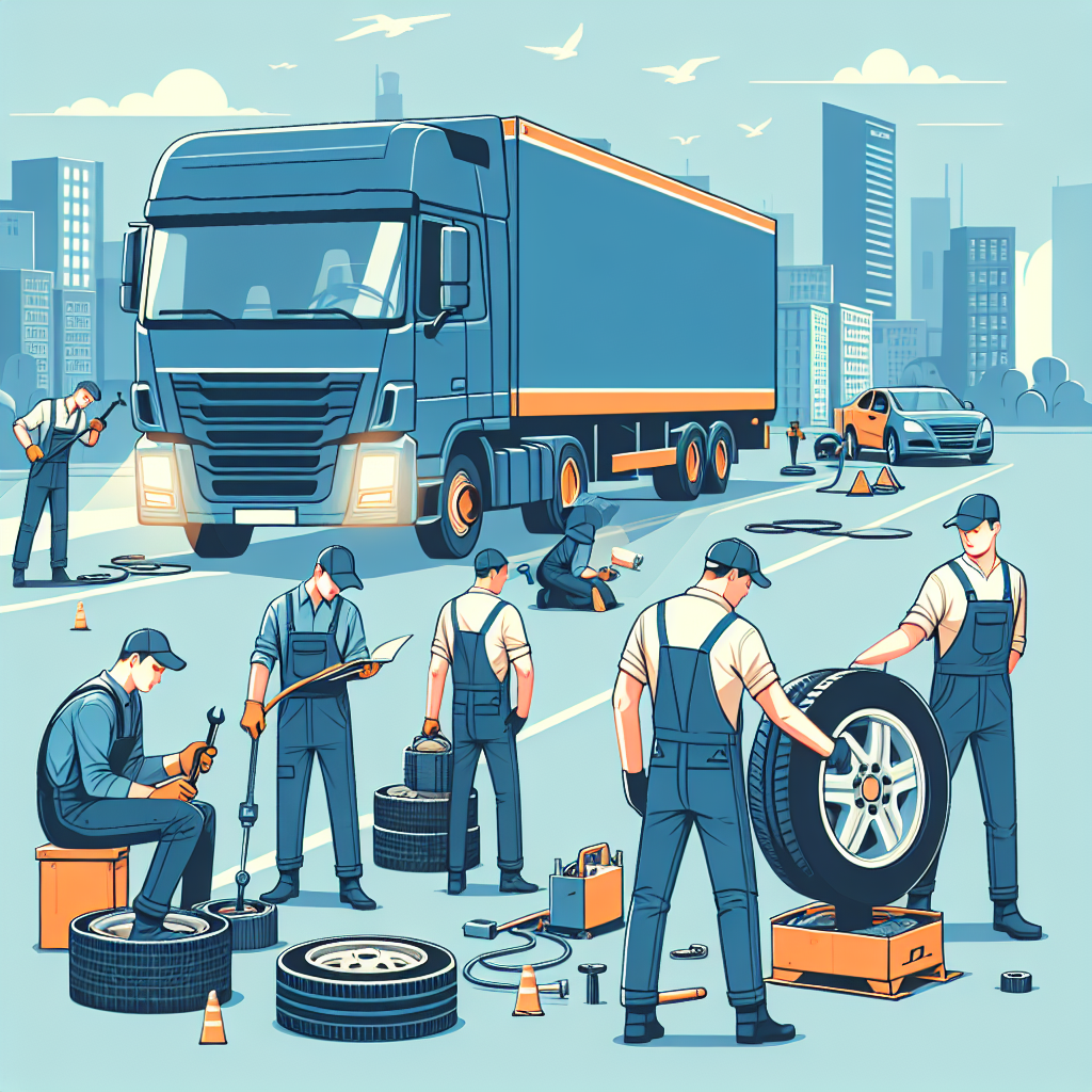 Imagine cu un serviciu mobil de schimbare a anvelopelor de tip sediu mobil, care lucreaza intr-un mediu urban, cu muncitori care efectueaza lucrari pe o camioneta. Toate persoanele ar trebui sa arate ca europeni.