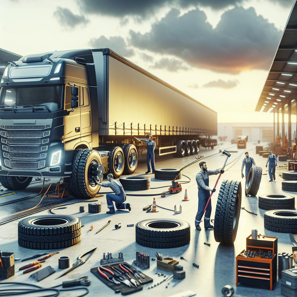 Imagine care arata procesul de schimbare a anvelopelor pentru o camioneta la fata locului, cu mecanici care efectueaza lucrari si echipamente moderne. Toate persoanele ar trebui sa arate ca europeni.