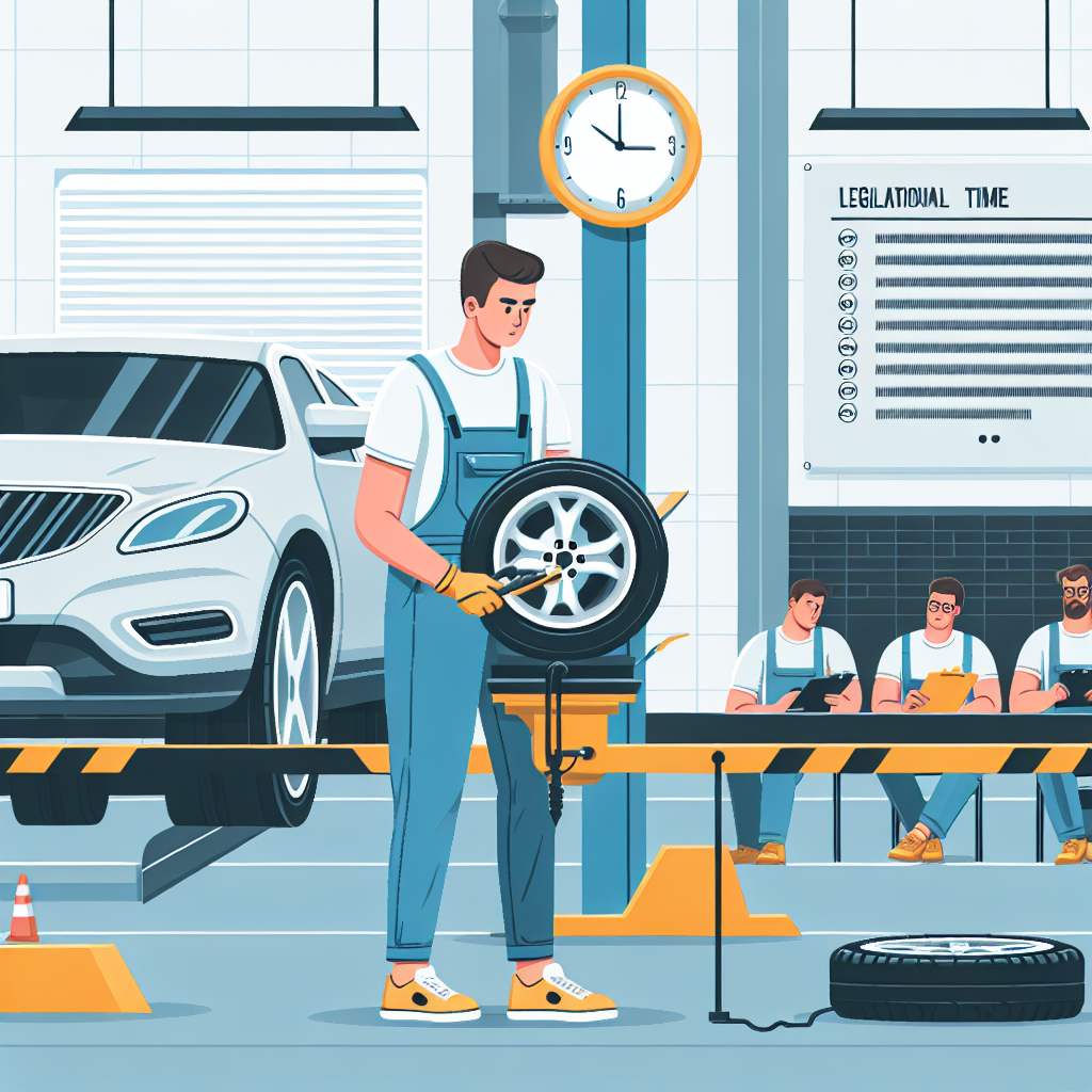 Un automobil la service, unde se schimba anvelopele, cu un semn care indica termenele legale, toti oamenii de tip european.