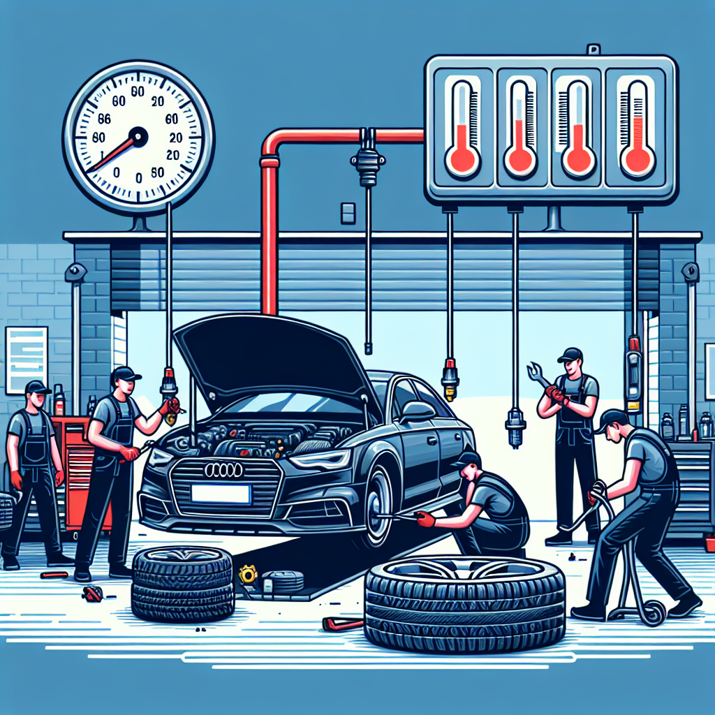 Un automobil la care se schimba anvelopele intr-un service auto, avand termometre cu temperatura vizibile, toti oamenii de tip european.
