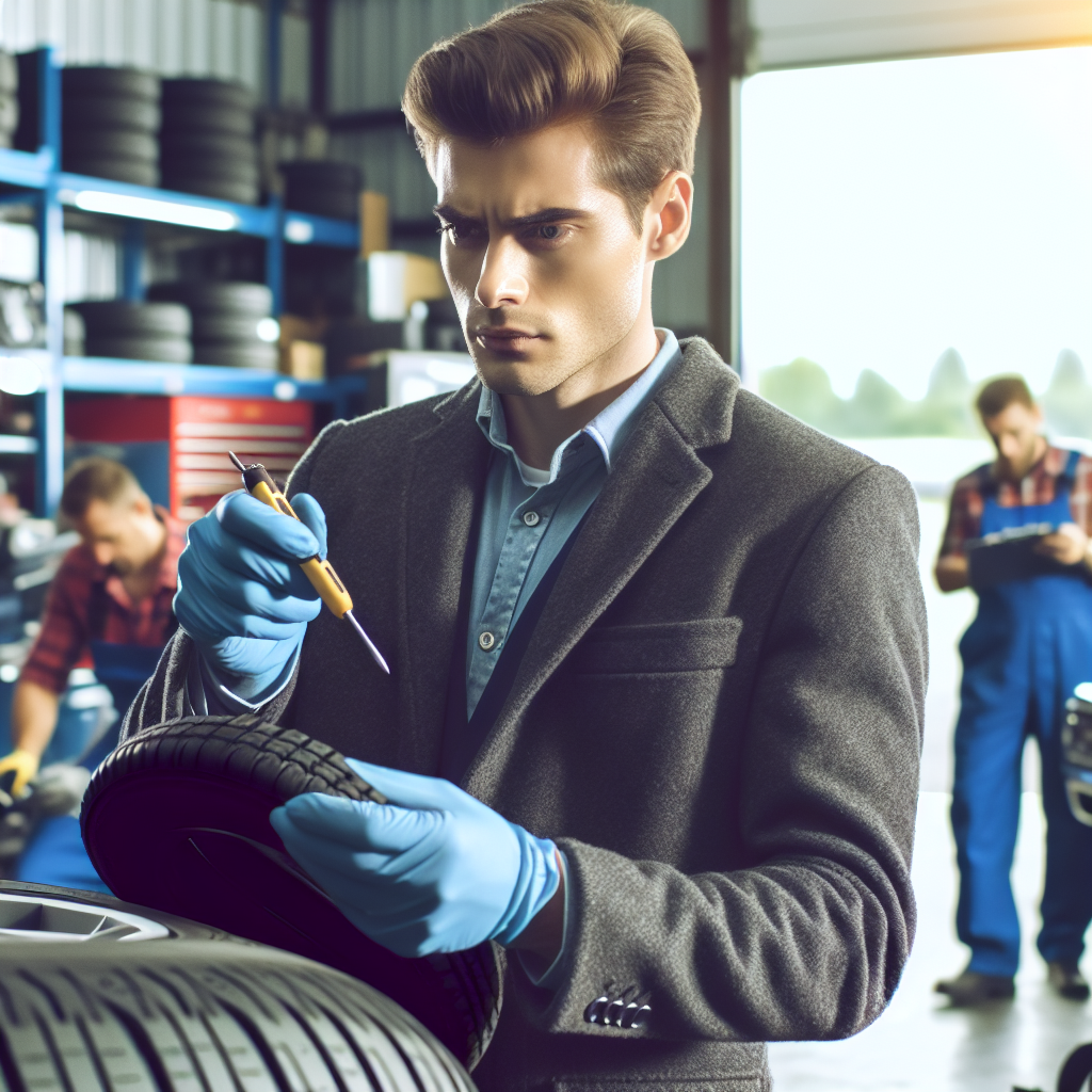 O persoana verificand temperatura afara pentru a alege momentul potrivit pentru schimbarea anvelopelor, pe fundalul unui service auto, toti oamenii de tip european.