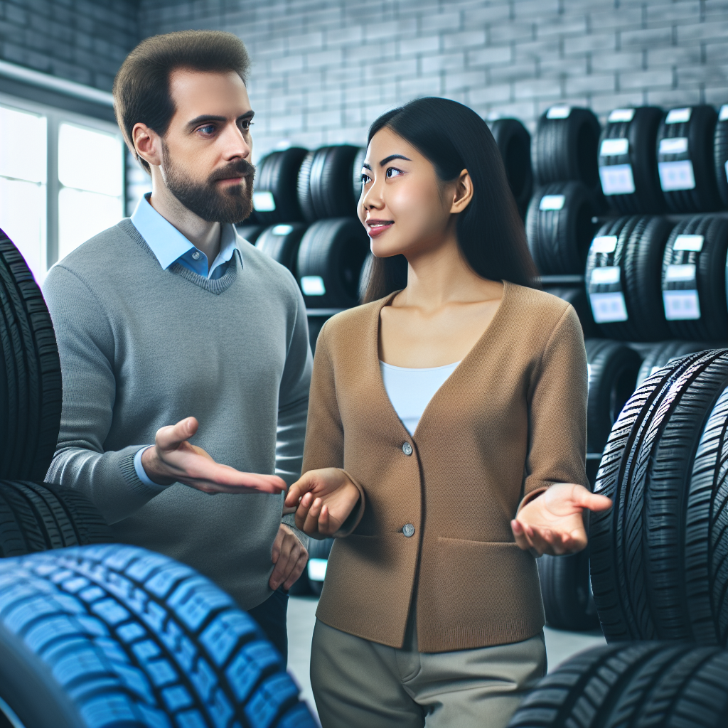 O fotografie realista cu oameni care aleg anvelope all-season pentru o masina intr-un service auto. Toti oamenii ar trebui sa aiba un aspect european.