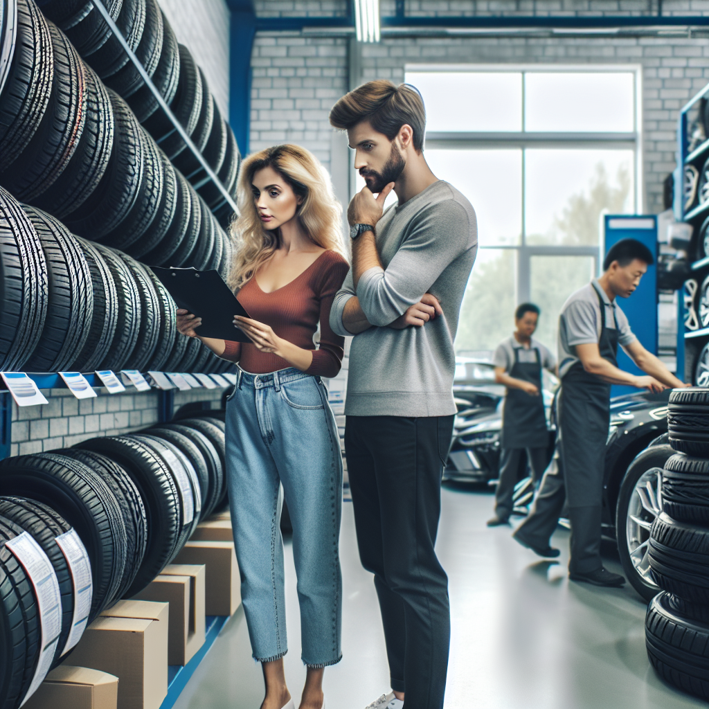 Familie cu trasaturi europene alegand anvelope noi pentru masina lor intr-un service auto modern, alaturi de mestesugari profesionisti si o varietate mare de anvelope.