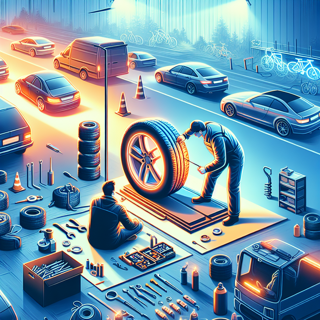 Imaginea unui service mobil de anvelope, un tehnician lucreaza pe loc cu un client, masini in jur, mediu luminos si vibrant, echipamente in jur, toate persoanele de tip european, conditii atmosferice.