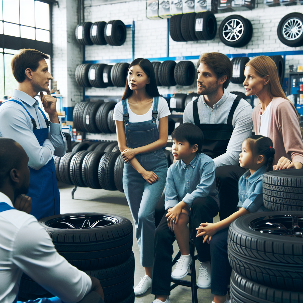 Familie cu trasaturi europene discutand despre avantajele anvelopelor chineze in service-ul auto, inconjurati de diferite modele de anvelope si mestesugari.