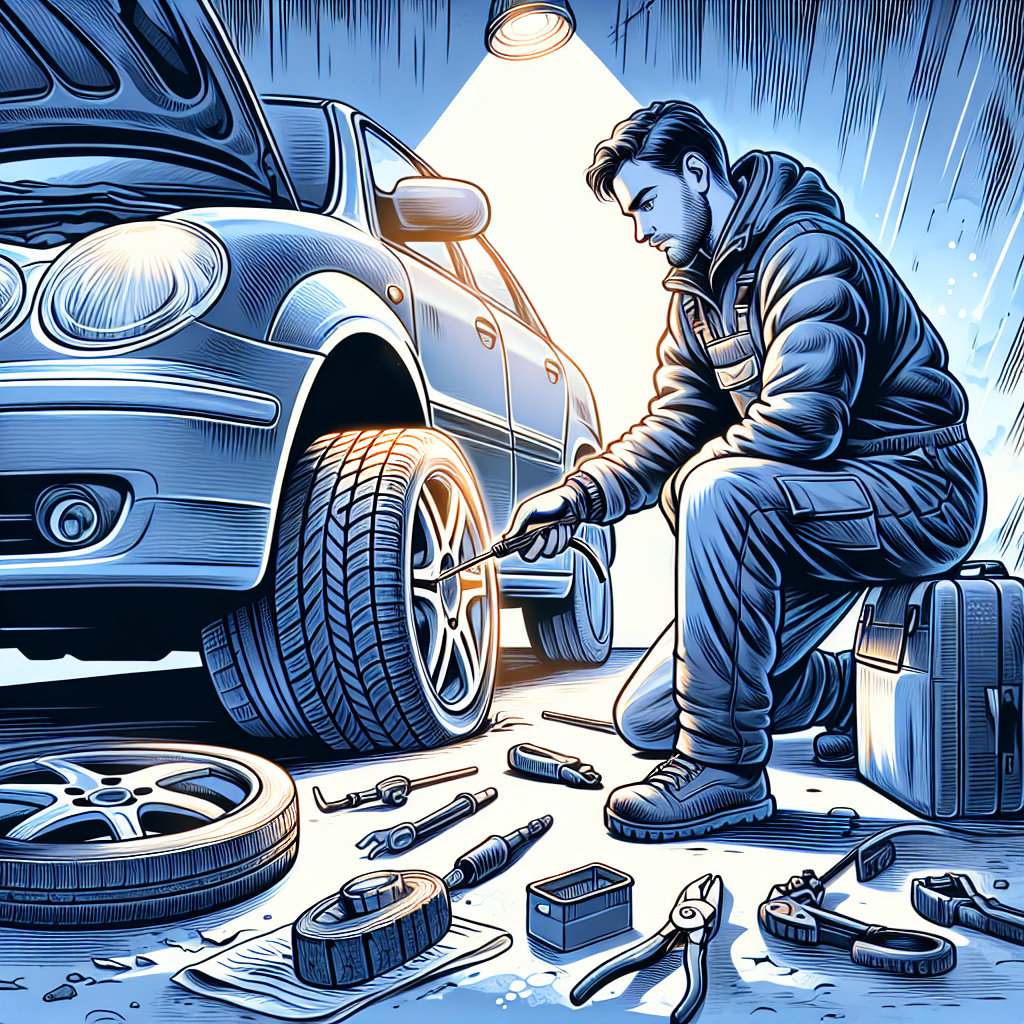 Imagine cu un tehnician de service mobil pentru anvelope, lucrand pe loc, masina cu roata umflata, iluminare puternica, persoane de tip european, echipamente in jur, conditii atmosferice.