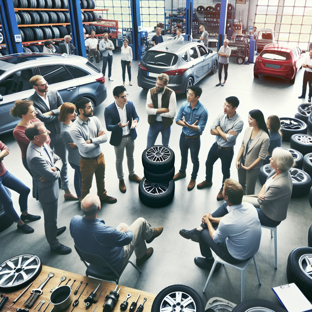 Grup de oameni cu trasaturi europene discutand despre avantajele anvelopelor chineze pe fundalul masinilor si mostrelor de anvelope expuse in service-ul auto.