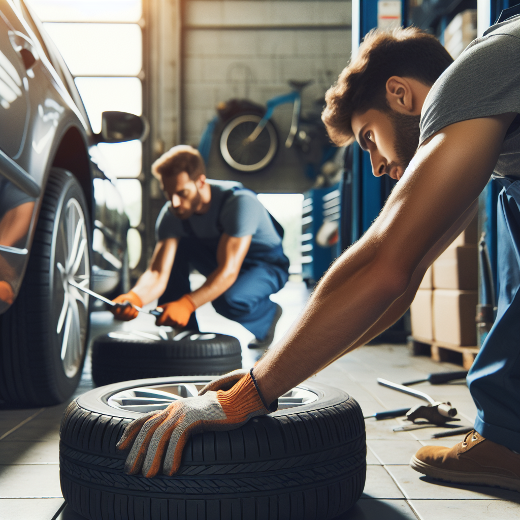 Imagine cu un atelier auto, unde profesionisti europeni schimba anvelope, punand accent pe munca si detaliile procesului.