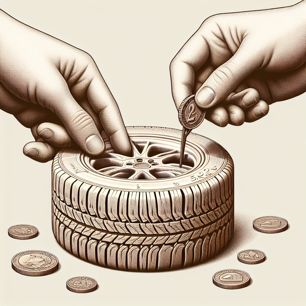 Imagine cu procesul de verificare a adancimii profilului anvelopei cu o moneda, evidentiind importanta verificarii starii anvelopelor.