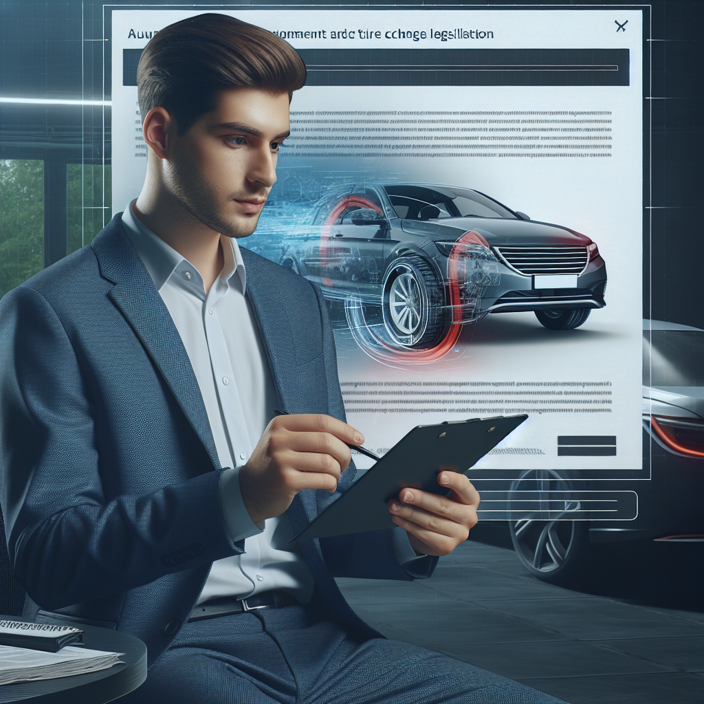 Imagine cu un proprietar de masina citind informatii despre legislatia privind schimbarea anvelopelor in fata unui automobil.