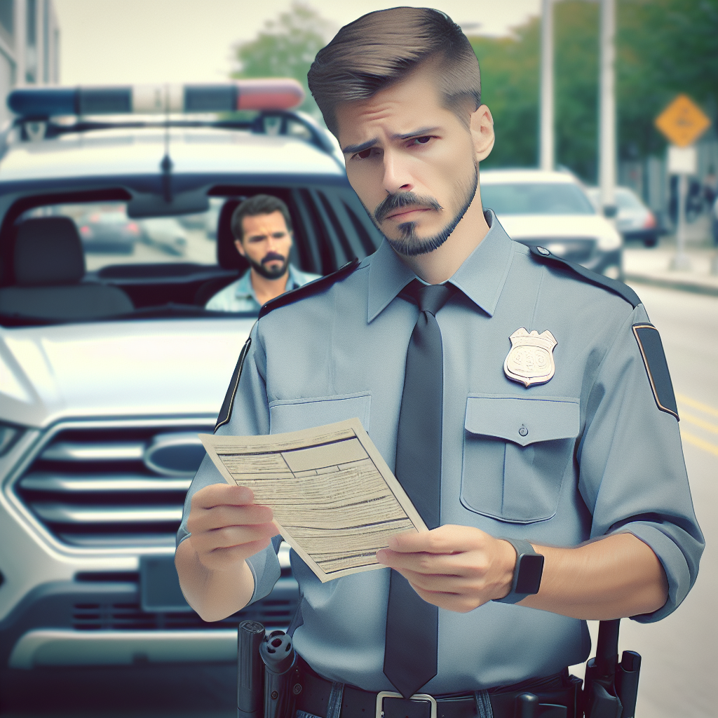 Imagine cu un inspector rutier care aplica o amenda pentru anvelope incorecte, in fata unui vehicul.