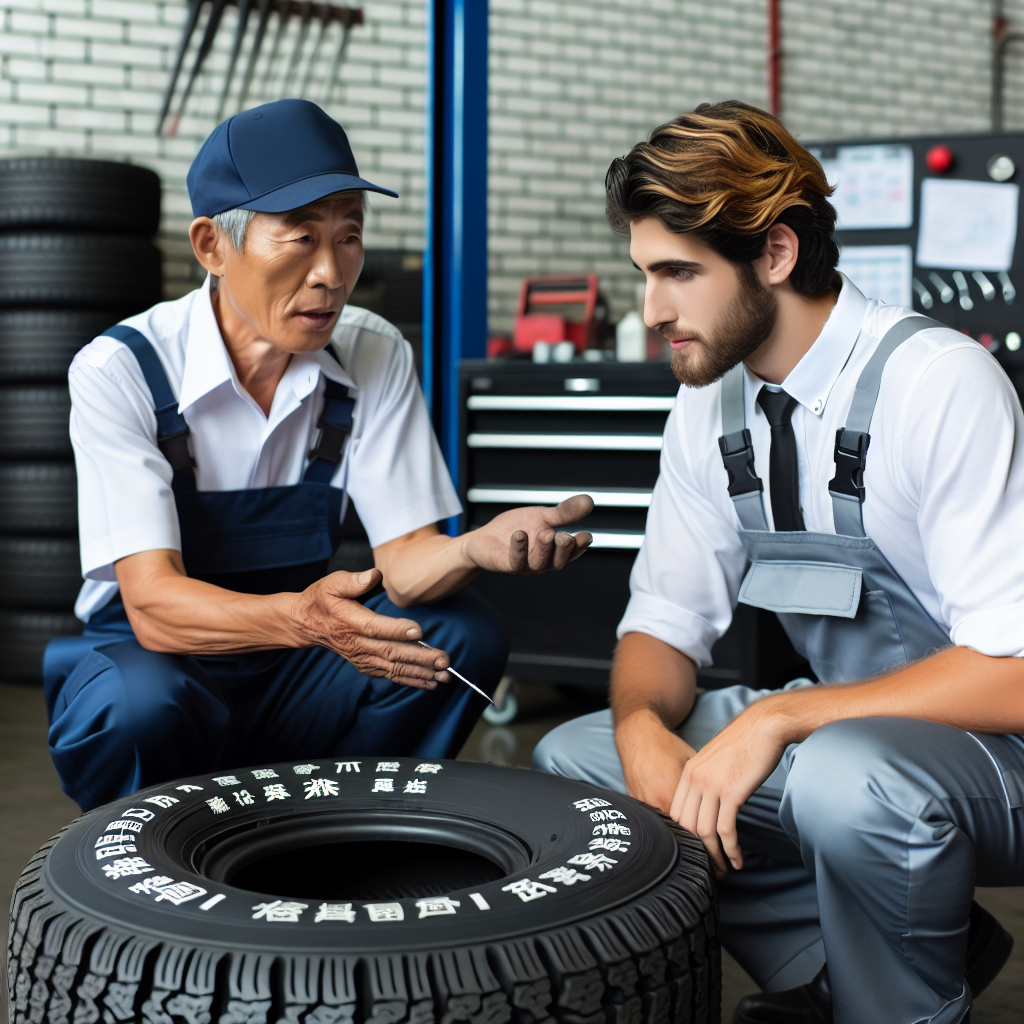 Un mecanic explica marcajul anvelopelor comerciale chineze unui client intr-un service auto. Oamenii au un aspect european. Imaginea ar trebui sa arate ca o fotografie.