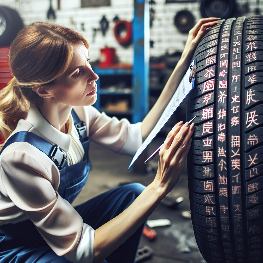 O femeie verifica marcajul de pe peretele lateral al unei anvelope auto chineze intr-un service auto. Oamenii au un aspect european. Imaginea ar trebui sa arate ca o fotografie.