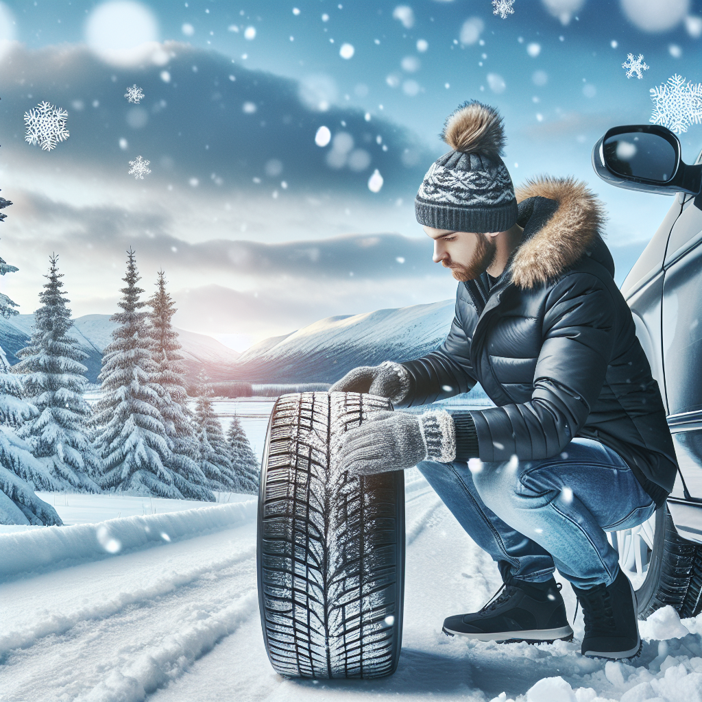 Imagine cu un sofer european care verifica anvelopele de iarna ale automobilului sau pe fundalul unui peisaj de iarna cu zapada, de inalta calitate, pentru a sublinia importanta sigurantei pe drum in sezonul rece.
