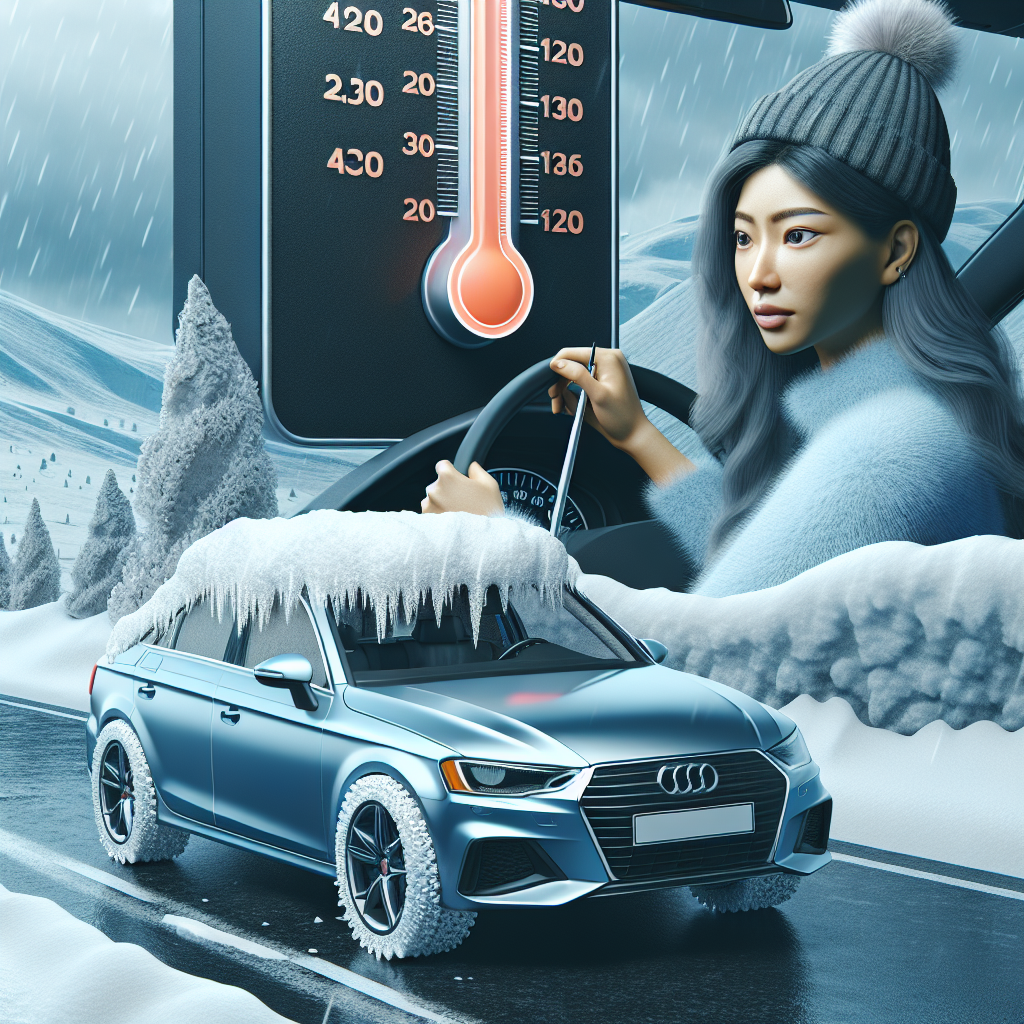 Imagine cu un automobil echipat cu anvelope de iarna pe fundalul unui termometru, unde temperatura creste, iar soferul se uita la vreme, pentru a sublinia importanta momentului schimbarii anvelopelor, de inalta calitate si realism.