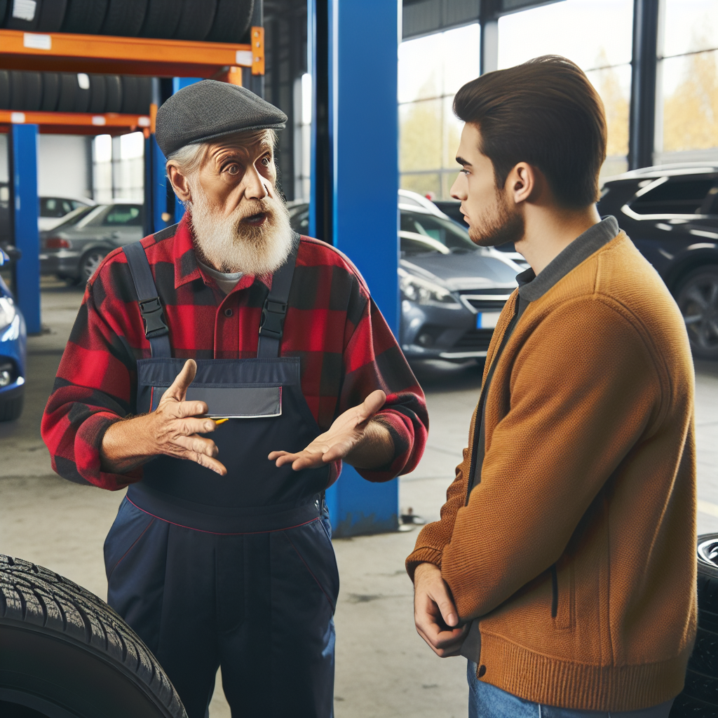 Imaginea unui sofer experimentat care ofera sfaturi despre schimbarea anvelopelor de iarna cu cele de vara unui sofer tanar pe fundalul unei parcarile a unui service auto, toate persoanele de tip european.