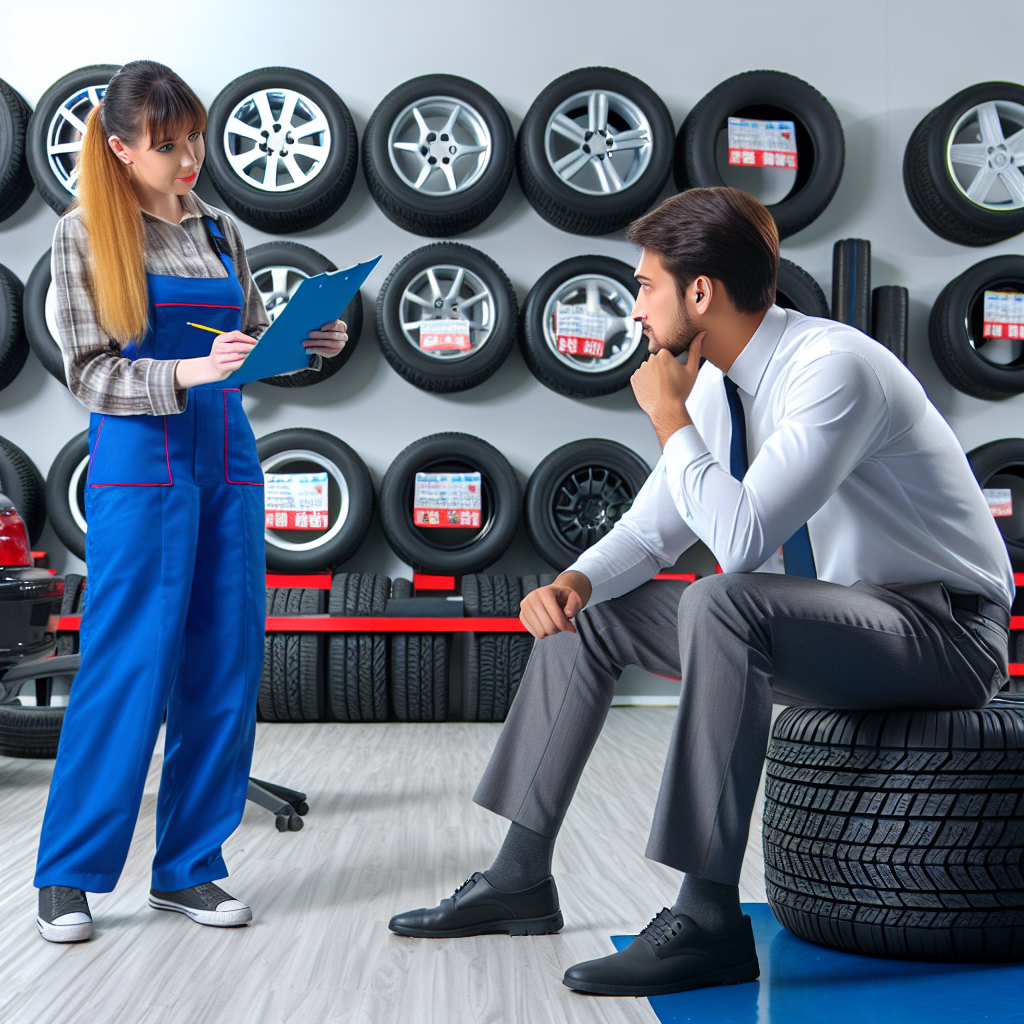 Imaginea ilustreaza o consultatie intre un client si un mecanic de service auto in legatura cu alegerea cauciucurilor chinezeesti, avand in fundal mostre de cauciucuri expuse. Toate personajele au o infatisare europeana.