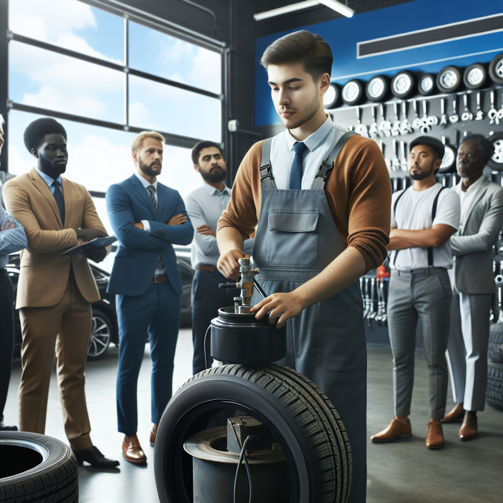 Imagine cu maistri europeni care se ocupa cu vulcanizarea unui anvelopa intr-un service auto, in fundal fiind echipamente profesionale pentru montajul anvelopelor si clienti multumiti care asteapta serviciile.