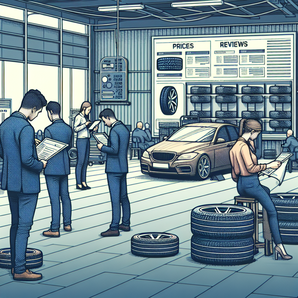 Imagine cu clienti care studiaza listele de preturi si recenzile intr-un service auto, inconjurati de anvelope si echipamente moderne. Toti oamenii au un aspect de tip european.