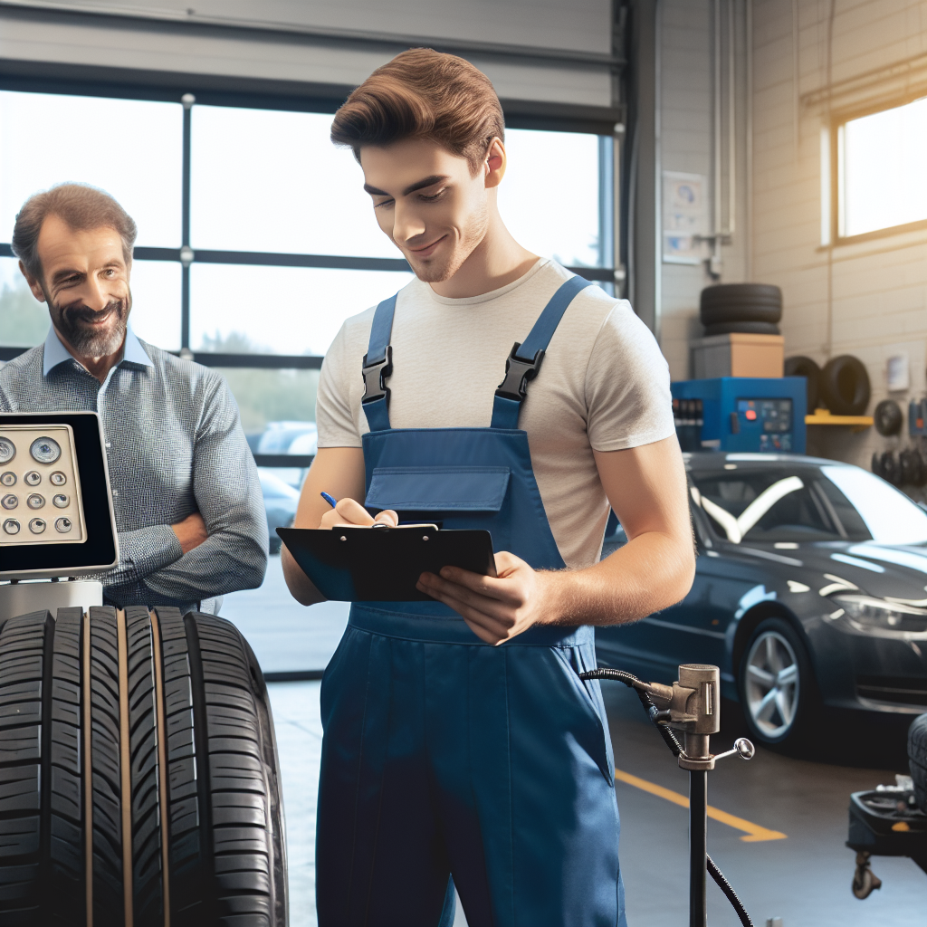 Imagine cu un mecanic european care verifica anvelopele folosind echipamente moderne intr-un service auto, alaturi de un client multumit care asteapta rezultatul. Fundalul reda o atmosfera de profesionalism si incredere.