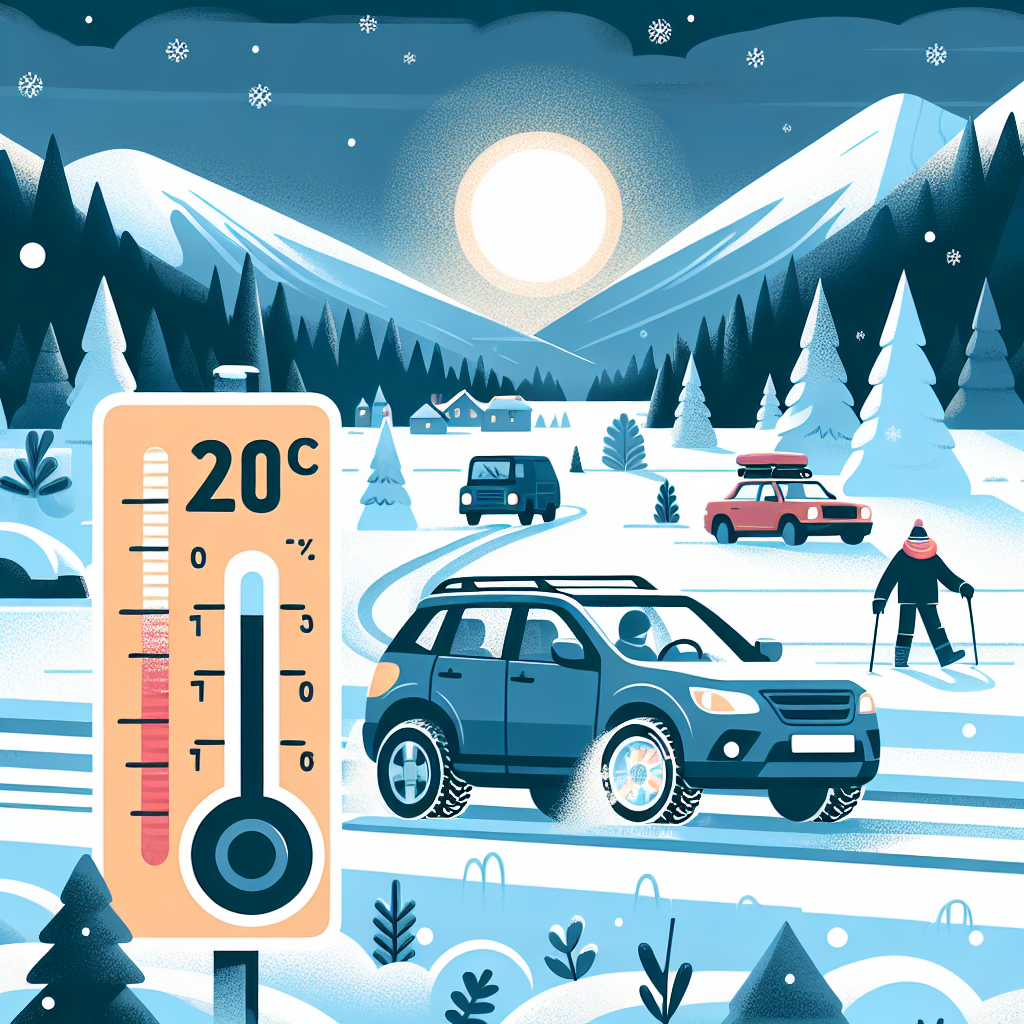 Imagine cu un peisaj de iarna, avand un automobil pe o sosea acoperita cu zapada, punand accent pe anvelopele de iarna si cu termometrul care indica o temperatura in jurul valorii de 0 grade. Toti cei din imagine au un aspect european.
