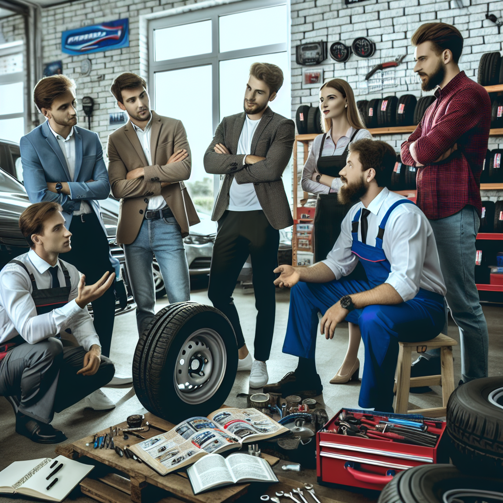 Imagine cu un grup de clienti care discuta despre serviciile de montaj anvelope cu un mecanic intr-un service auto din Chisinau. Oamenii au un aspect de tip european, iar in fundal se pot vedea echipamentele si uneltele.