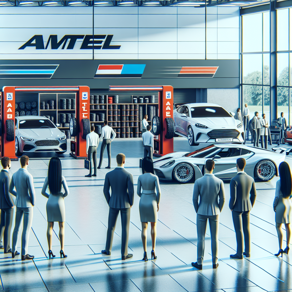 Generare o imagine a unei ateliere auto moderne cu masini de inalta calitate si anvelope Amtel in fundal, pentru a arata ca o fotografie reala. Toate persoanele din imagine trebuie sa aiba trasaturi europene.