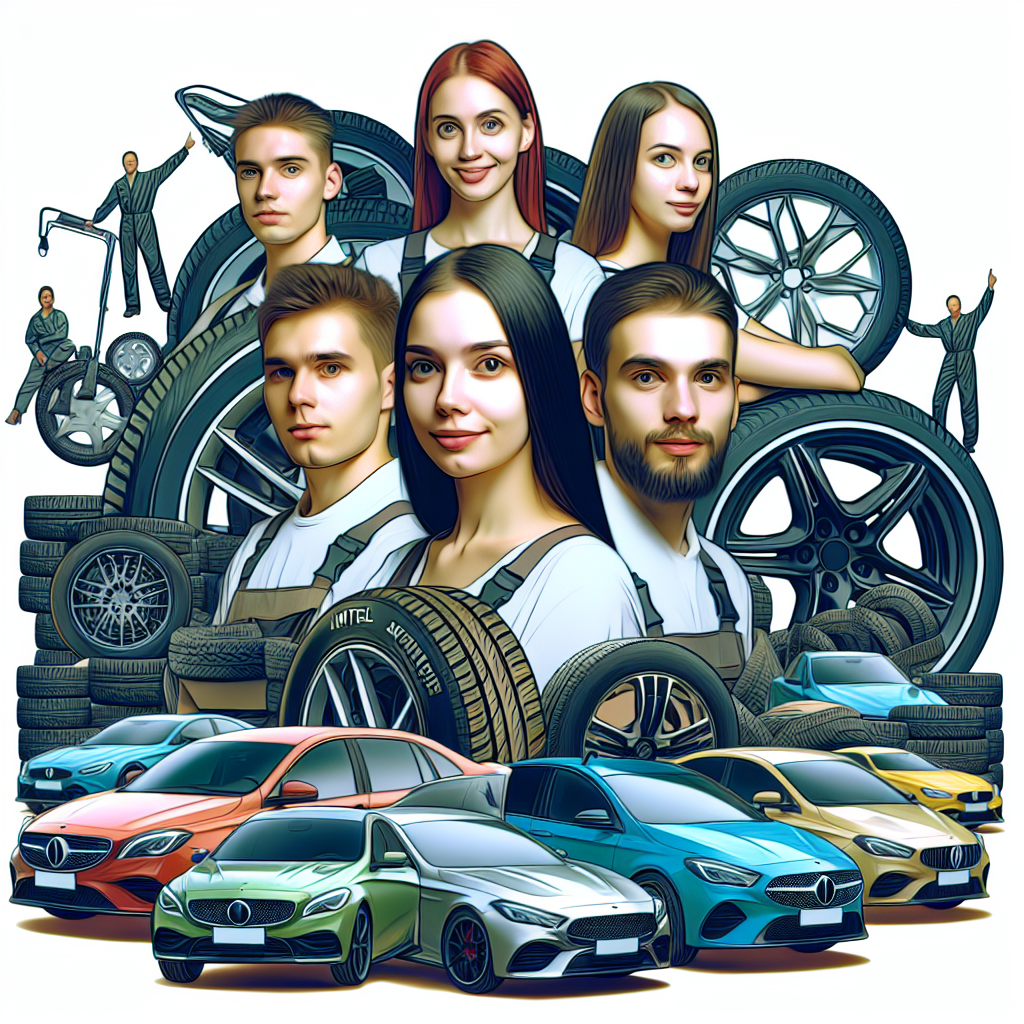Generare o imagine care sa arate o selectie de anvelope Amtel in fundalul unor masini moderne, pentru a arata ca o fotografie reala. Toate persoanele din imagine trebuie sa aiba trasaturi europene.