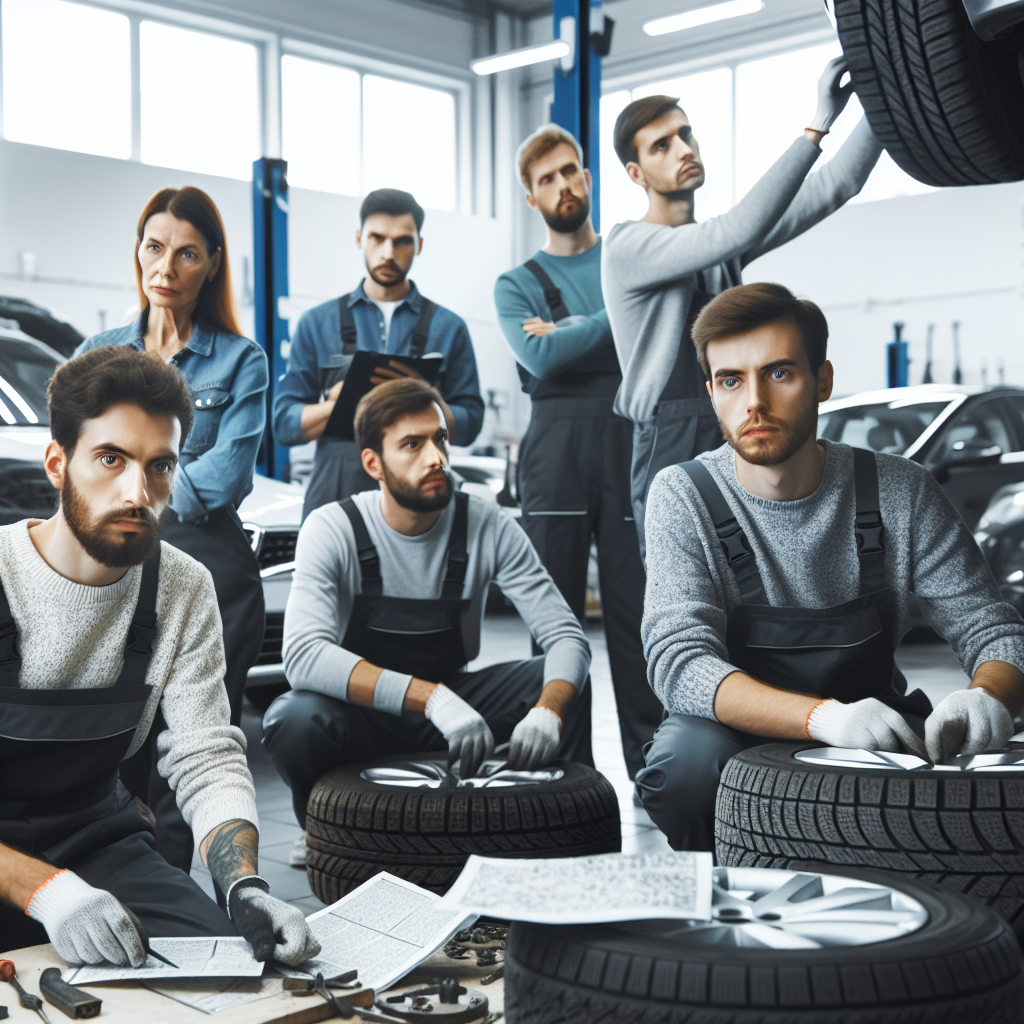 Imagine care arata procesul de inlocuire a anvelopelor de iarna pe o masina in service auto, toate persoanele sunt de tip european, serioase si profesioniste, lucrand intr-un mediu curat si modern.
