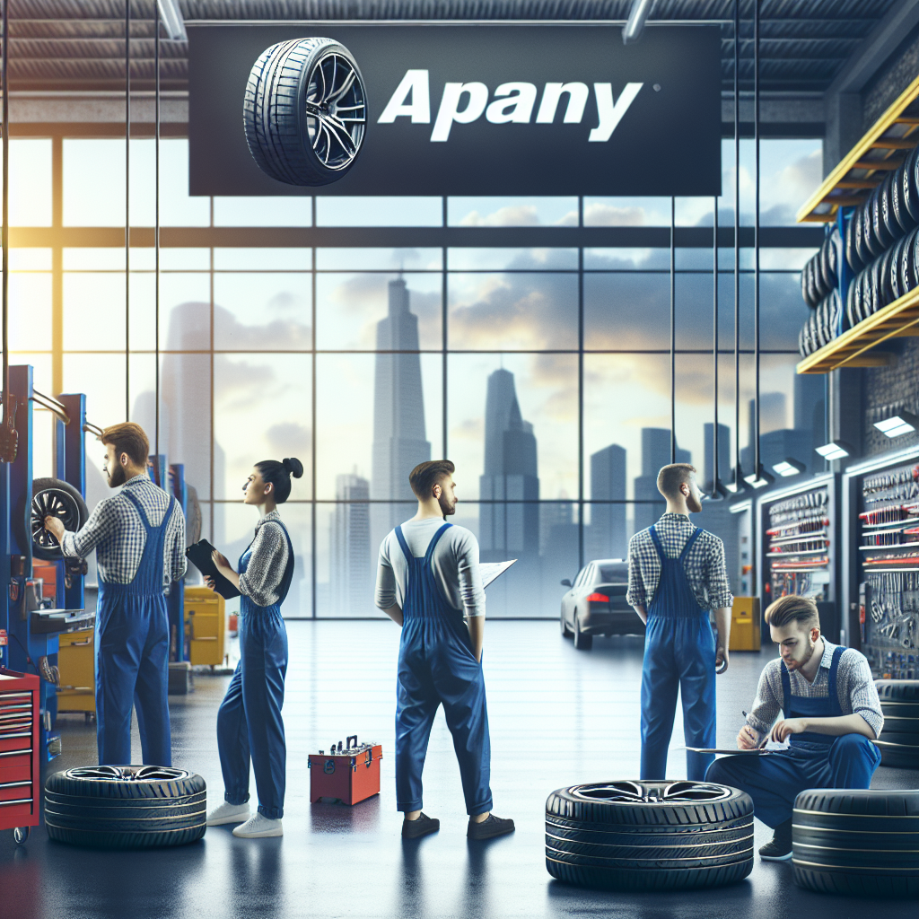 Imagine cu anvelope Aptany in fundalul unei moderne ateliere auto, in care mecanici europeni lucreaza in atelier. Toti oamenii au un aspect european, iar atmosfera este realista si dinamica.