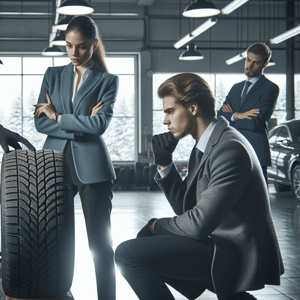 Imagine care arata procesul de verificare a starii anvelopelor de iarna la o temperatura pozitiva in service auto, persoanele de tip european cerceteaza atent cauciucurile, serioase si profesioniste, intr-un mediu curat si modern.
