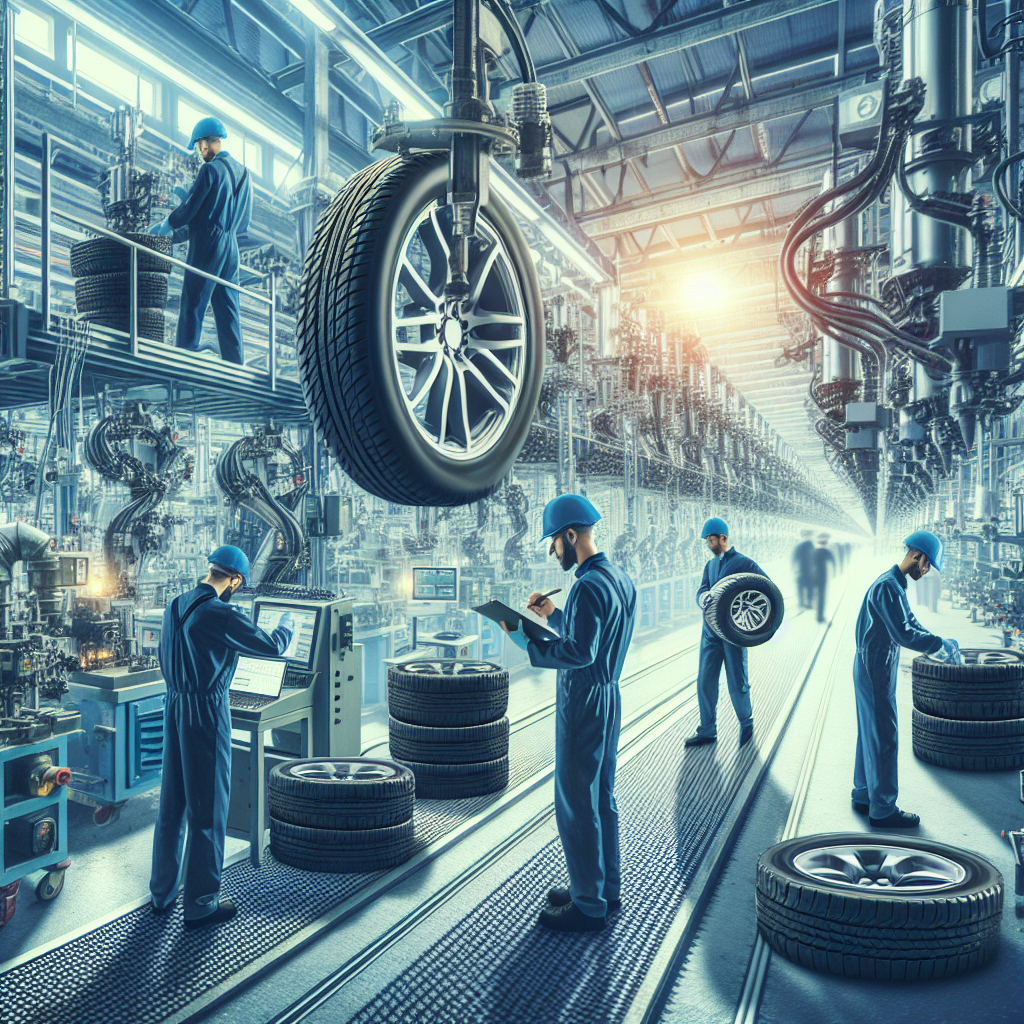 Imagine cu fabricile Aptany, prezentand procesele de productie si muncitorii care verifica calitatea anvelopelor, cu elemente de echipamente moderne. Toti oamenii au un aspect european.