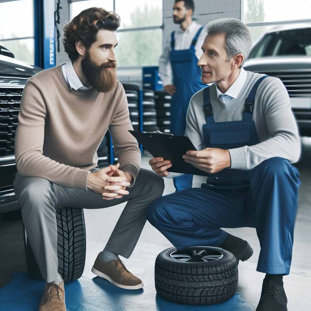 Imagine care arata procesul de inlocuire a anvelopelor de iarna in service auto, clientul discuta cu mecanicul despre starea cauciucurilor, persoanele de tip european, profesioniste si atente la detalii, in conditii moderne de service auto.