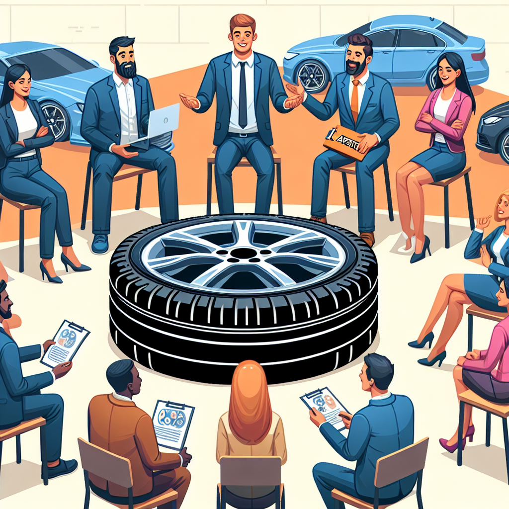 Imagine cu anvelope Aptany in fundalul unor clienti auto de succes si experti care discuta despre parerea lor legata de anvelope. Toti oamenii au un aspect european, iar atmosfera este luminoasa si prietenoasa.