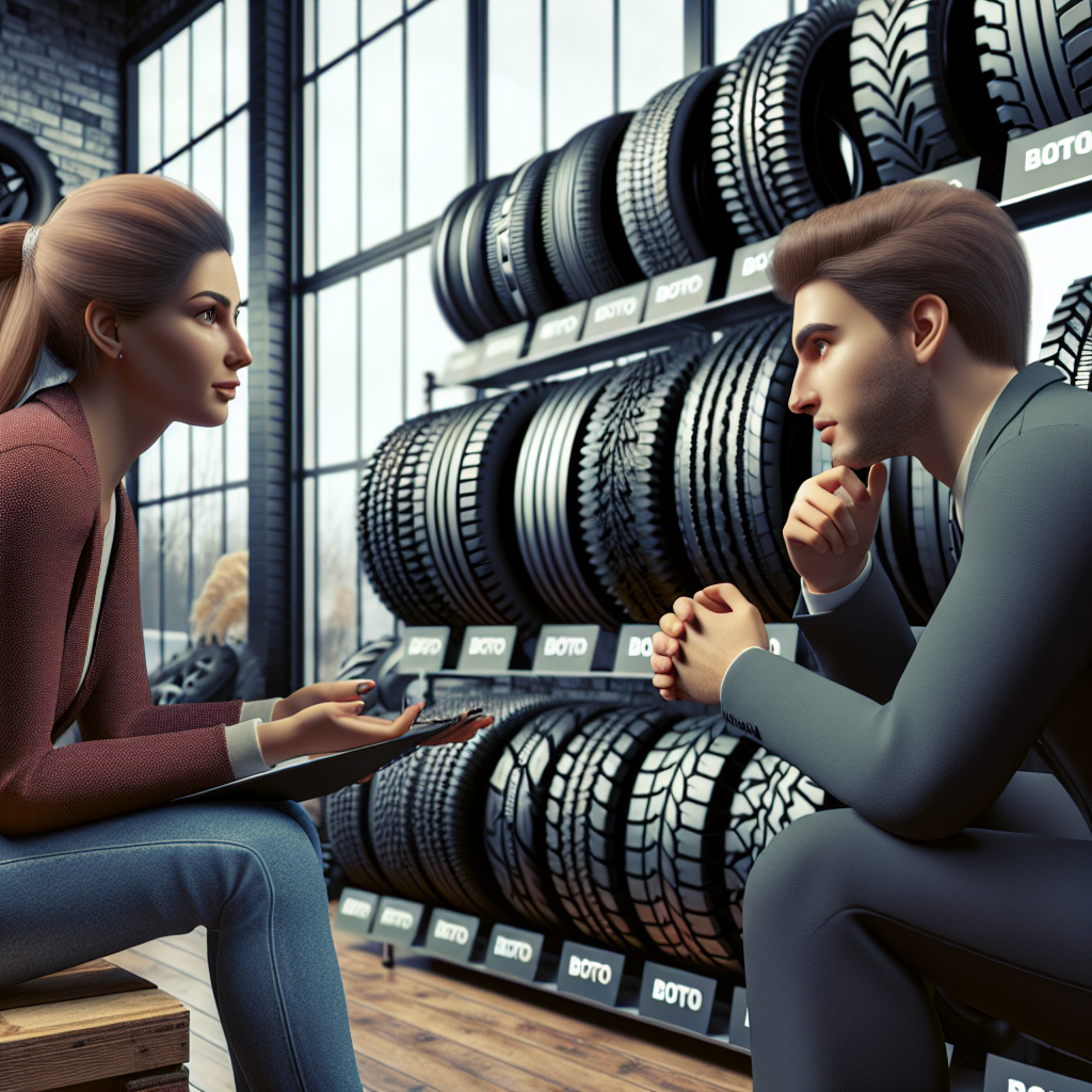 Imagine realista a unui client consultandu-se cu un manager de vanzari despre achizitionarea anvelopelor BOTO pentru utilaje speciale intr-un centru de service auto, cu o prezentare a diverselor modele de anvelope in fundal si persoane de origine europeana.