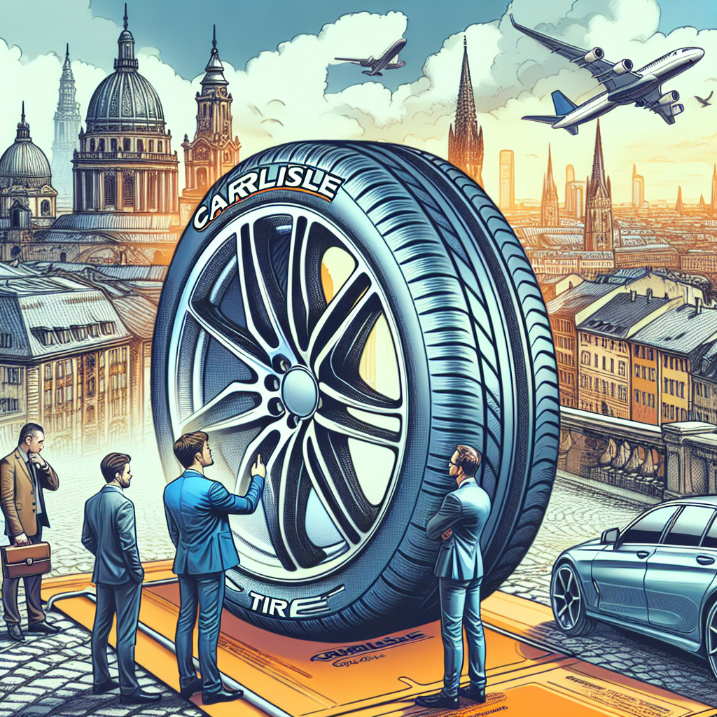 Imagine cu o roata Carlisle montata pe un automobil in conditii urbane, cu barbati si femei europeni discutand despre calitatea si fiabilitatea pneurilor. Fundalul este un peisaj urban pitoreasca.