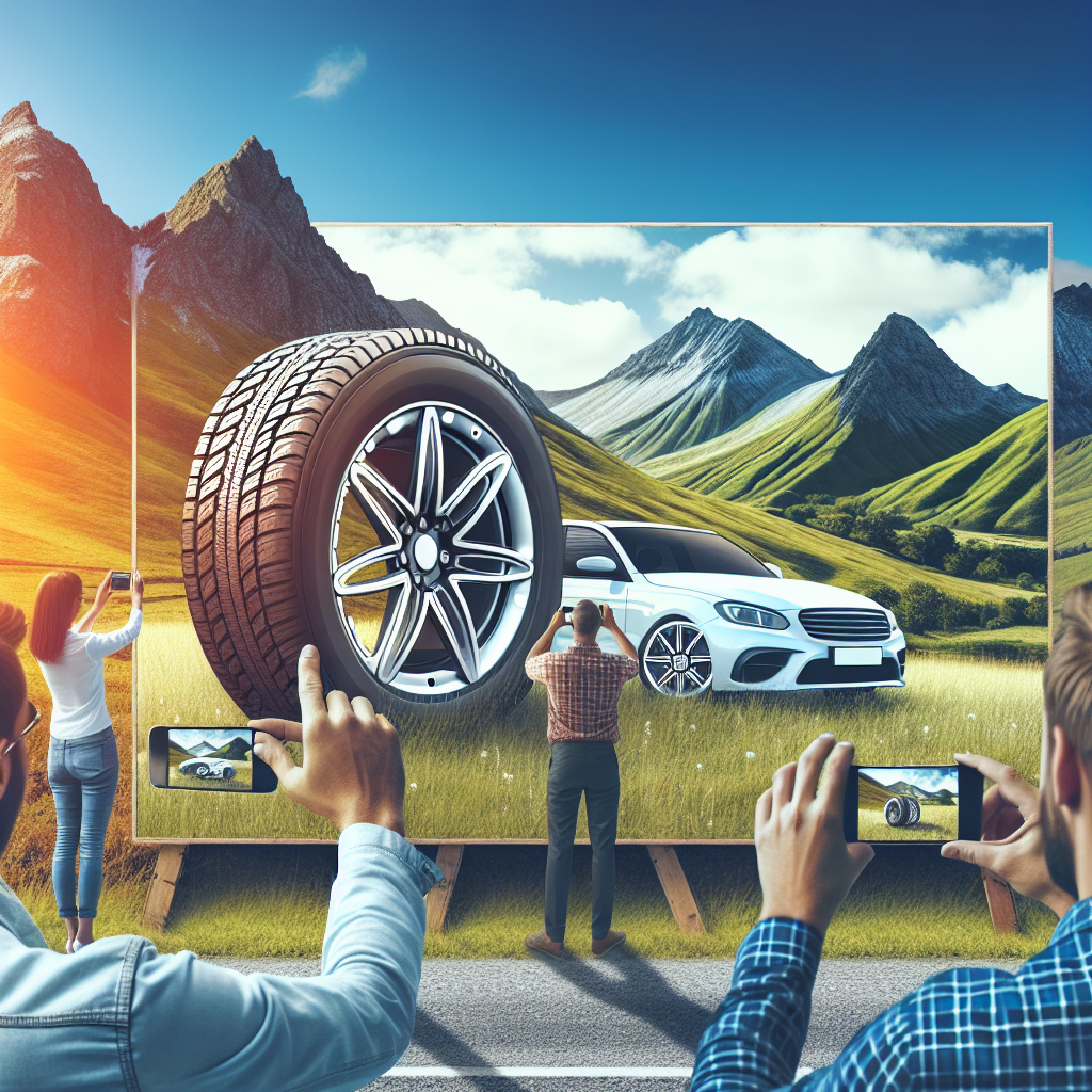 Imagine cu o roata Carlstar pe un automobil, pozat pe fundalul unui peisaj pitoreasc, cu oameni europeni examinandu-i caracteristicile si fotografiindu-o cu un smartphone.