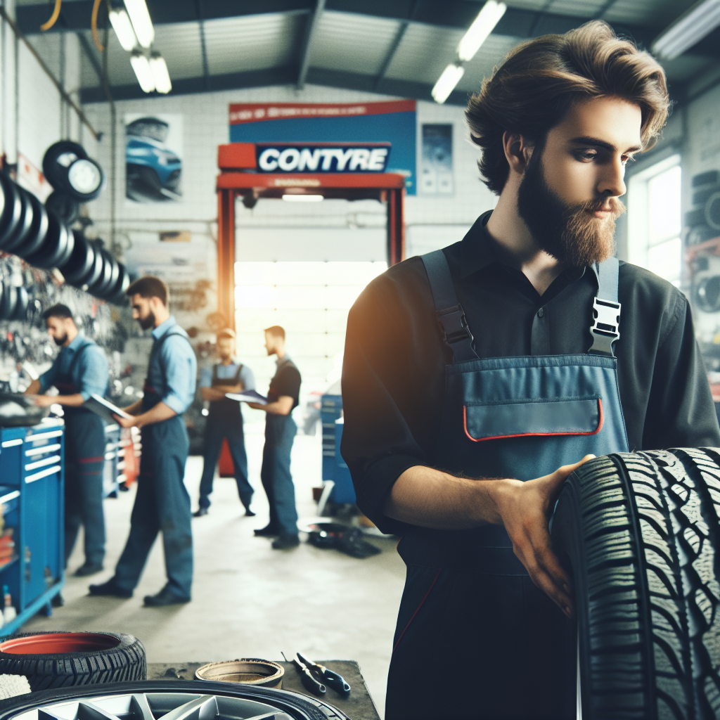 Imagine cu selectia de anvelope auto, concentrandu-se pe brandul Contyre, in fundalul unui service auto cu mestesugari profesionisti. Toti oamenii din imagine ar trebui sa arate ca europeni.