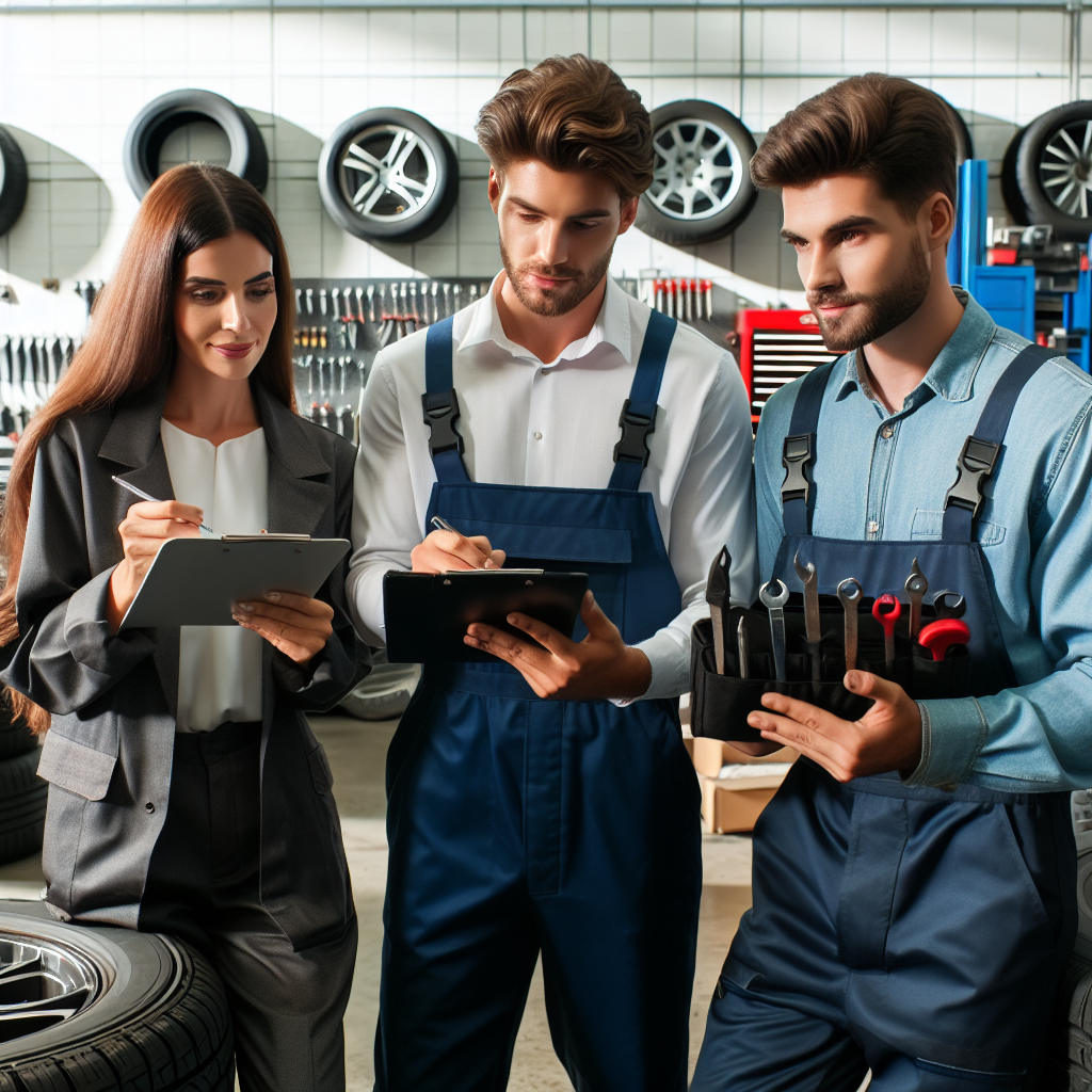 Imagine cu o echipa de mecanici profesionisti intr-un service auto, discutand despre pneumaticile Carlisle, inconjurati de uneltele si roti pe fundal. Toate persoanele au tipar european.