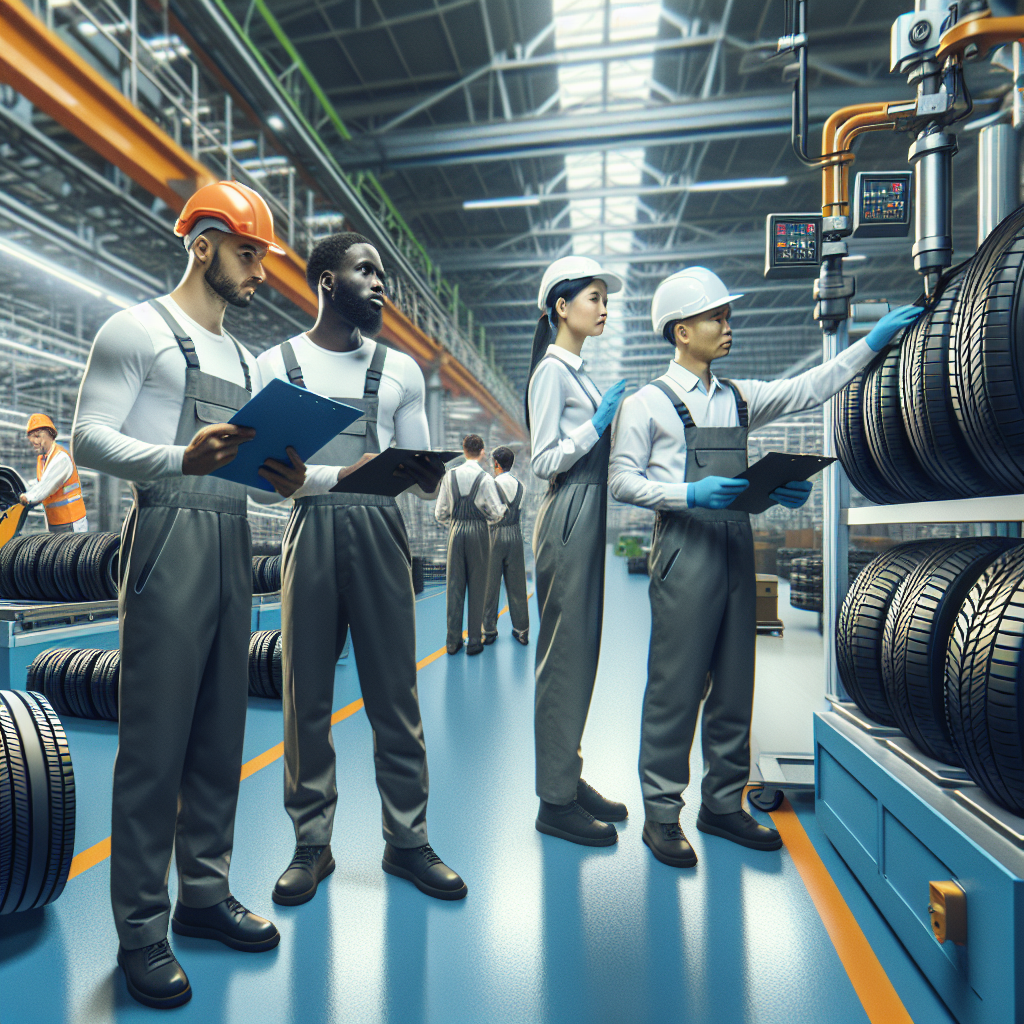 Imagine cu o fabrica moderna de anvelope in China, unde muncitorii verifica calitatea produselor. Toate persoanele au trasaturi de tip european.