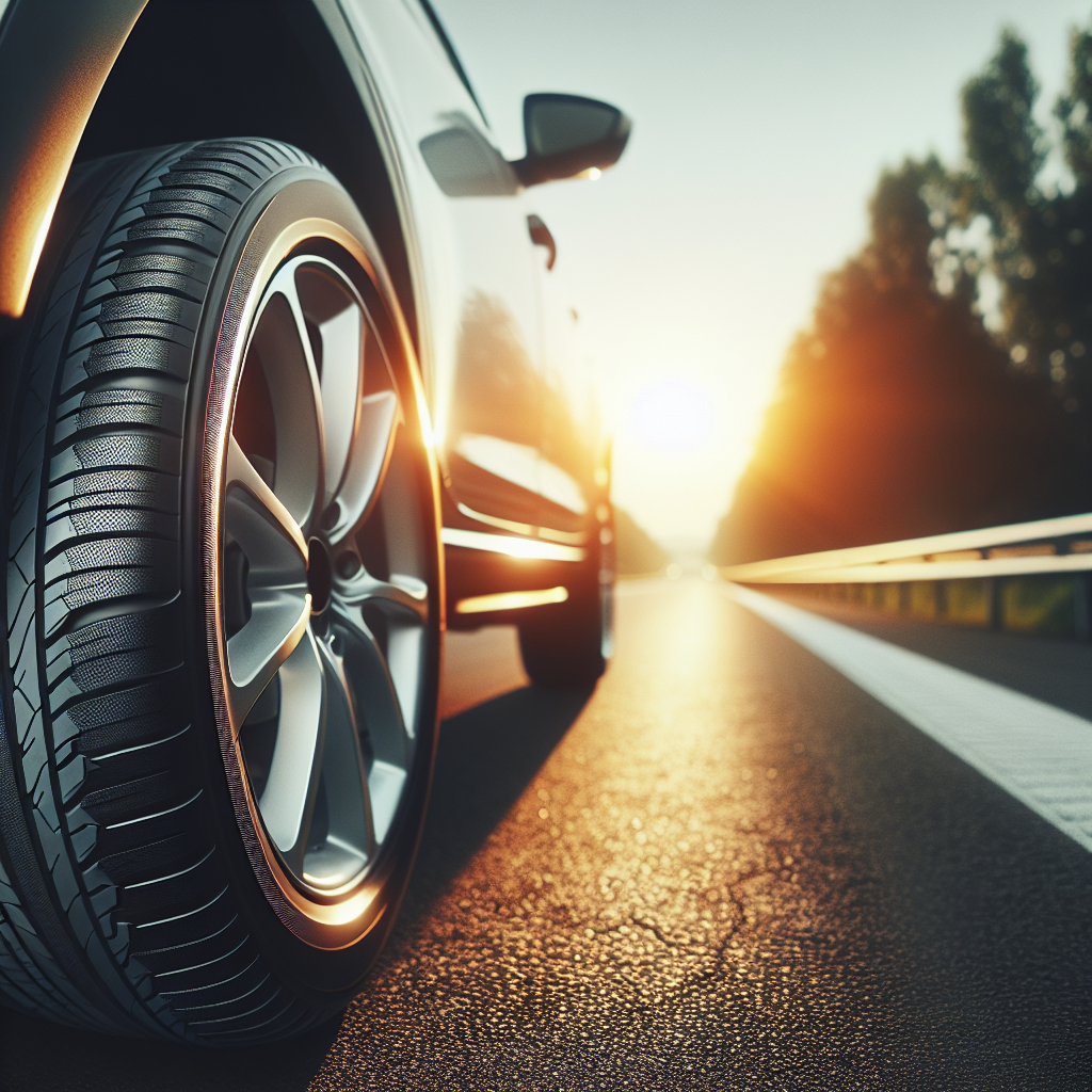 Imaginea unei anvelope Joyroad pe fundalul unui drum, intr-o zi insorita, anvelopele fiind montate pe un automobil, realizata intr-un stil de fotografie profesionala.