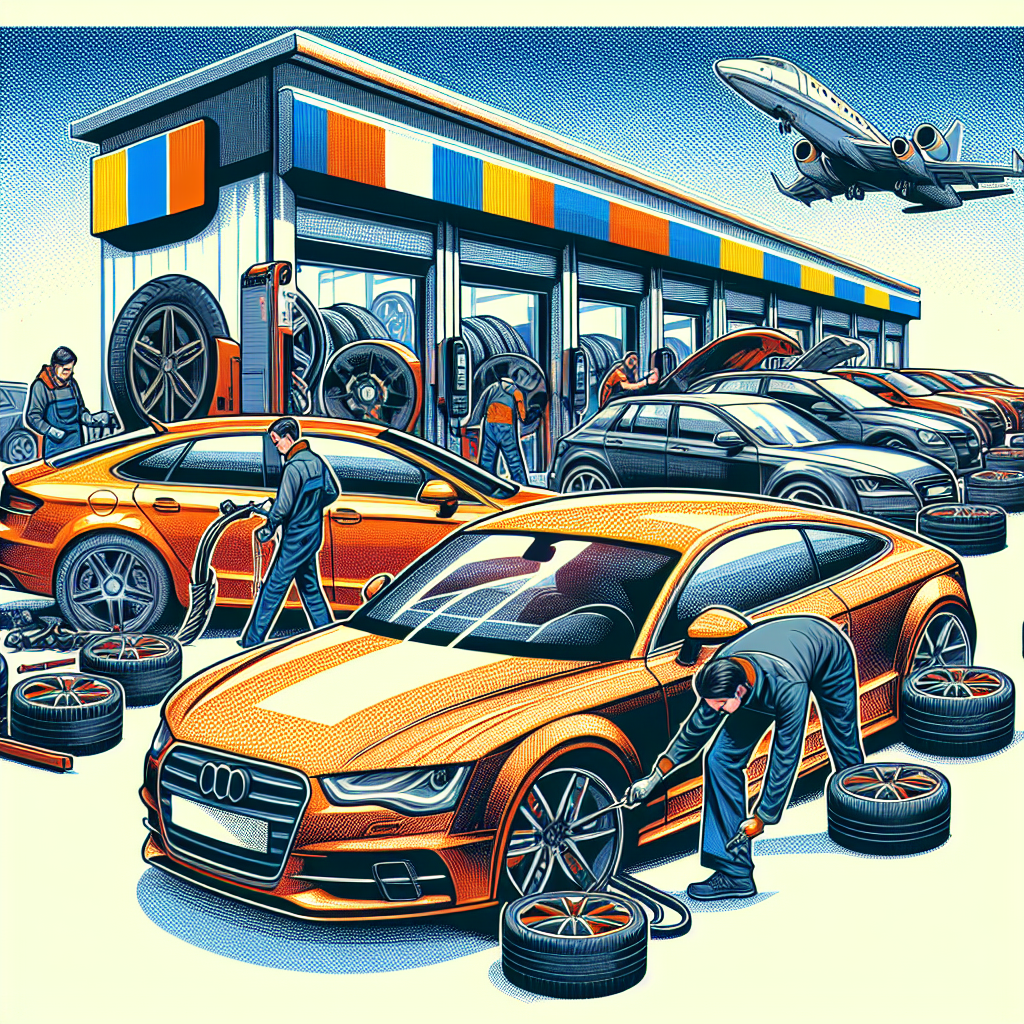 Imagine cu mai multe automobile pe fundalul unui service care se ocupa cu anvelopele Austone. Toate automobilele si oamenii din jur ar trebui sa aiba un aspect european, aratand procesul de schimbare a anvelopelor si intretinere a automobilelor.