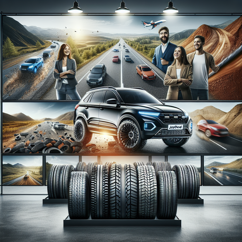 Imaginea care prezinta anvelopele Joyroad pe fundalul diferitelor conditii de drum, cu un automobil si soferi multumiti, realizata in stil de fotografie profesionala.