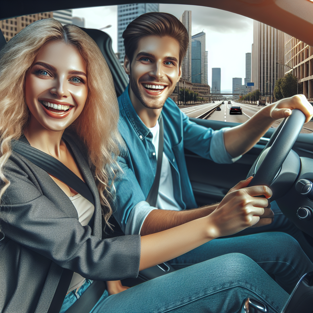 Imaginea anvelopelor Antares montate pe un automobil, aratand utilizarea acestora in mediul urban, pe fundalul unei sosele, cu soferi multumiti, de aparenta europoidala, bucurandu-se de calatorie.